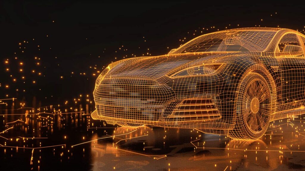 Ein futuristisches Auto wird mit leuchtend orangefarbenen digitalen Drahtgitterlinien dargestellt, die seine Konturen und Details vor einem dunklen Hintergrund mit verstreuten leuchtenden Lichtpartikeln hervorheben.