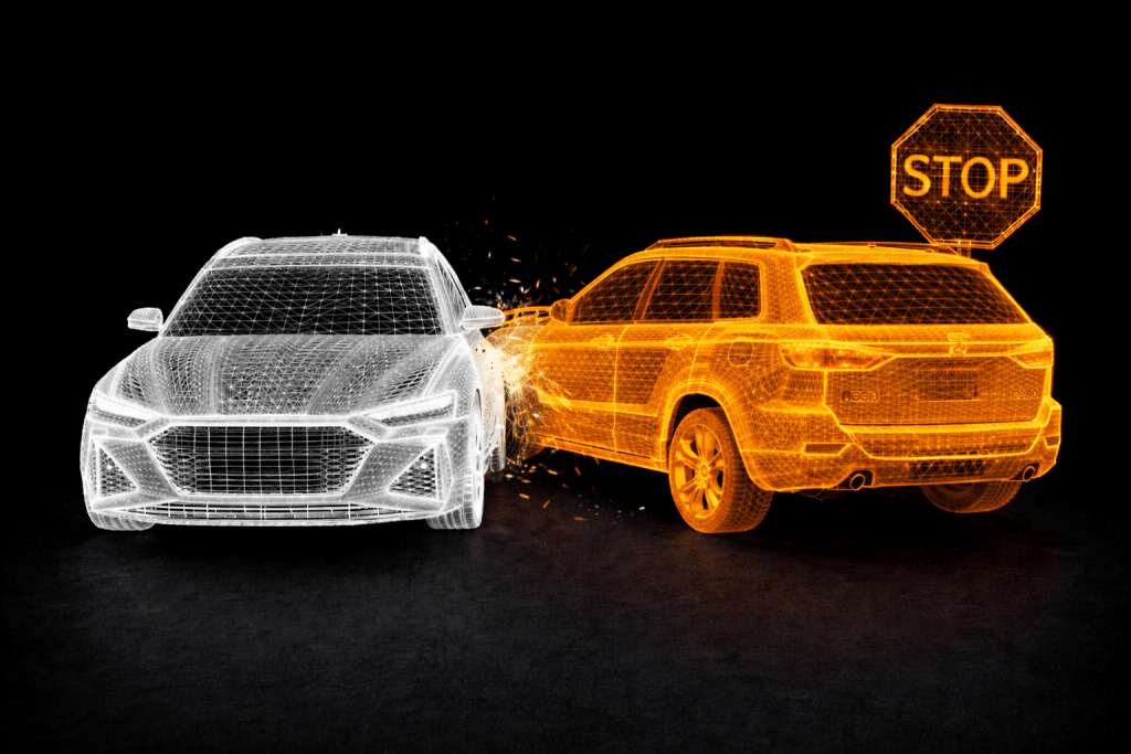 Digitale Wireframe-Illustration von zwei Autos, die auf einer Kreuzung zusammensto&szlig;en, mit einem KFZ-Gutachter Dresden, der die Szene inspiziert, in der ein wei&szlig;es Auto in die Seite eines orangefarbenen Autos in der N&auml;he eines Stoppschilds auf schwarzem Hintergrund kracht.