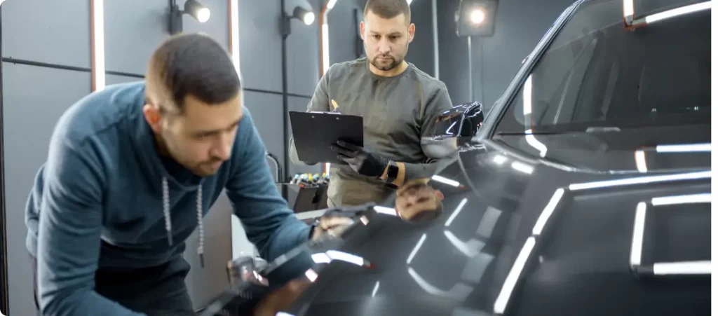 Zwei Männer inspizieren ein glänzendes schwarzes Auto in einer gut beleuchteten Garage. Ein Mann untersucht die Oberfläche des Wagens genau, während der andere hinter ihm steht, ein Klemmbrett in der Hand hält und sich Notizen macht.