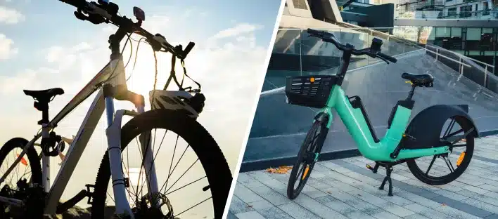 Split image: On the left, a silhouette of a traditional bicycle against a bright sky; on the right, a green electric bike parked on a modern city sidewalk—perfect for any kfz sachverständiger or fahrzeug gutachter capturing vehicle trends.
