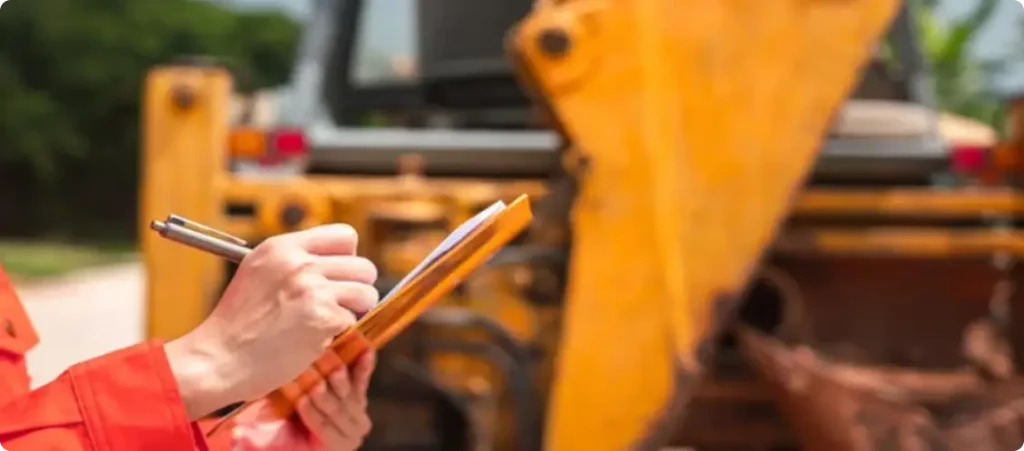 Eine Person in einer orangefarbenen Jacke schreibt mit einem Stift auf einem Klemmbrett, während sie im Freien vor gelben Baumaschinen steht.