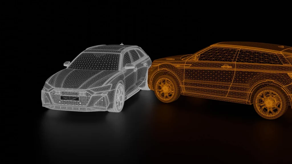 Digitale Drahtgittermodelle zweier Autos, von denen eines wei&szlig; und das andere orange umrandet ist, stehen dicht nebeneinander vor einem dunklen Hintergrund und suggerieren ein Szenario f&uuml;r einen Beinahe-Zusammensto&szlig; oder eine Analyse durch einen KFZ-Gutachter Dresden.