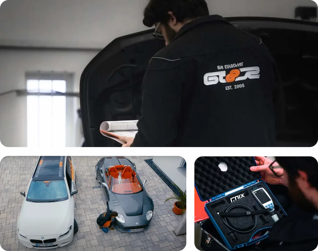 Collage aus Bildern von die gutachter. Ein Mechaniker prüft Papiere neben einem Auto mit offener Motorhaube. Unten sind zwei Autos - eine weiße Limousine und ein graues Cabrio - von oben zu sehen, neben denen zwei Personen sitzen. Eine weitere Nahaufnahme zeigt Diagnosegeräte im Einsatz.