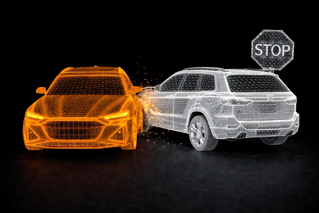 Digitales Rendering von zwei Gel&auml;ndewagen, einem orangefarbenen und einem wei&szlig;en, die an einer Kreuzung mit einem Stoppschild in der N&auml;he zusammensto&szlig;en. Funken und Aufpralleffekte unterstreichen den Zusammensto&szlig;. Schwarzer Hintergrund.