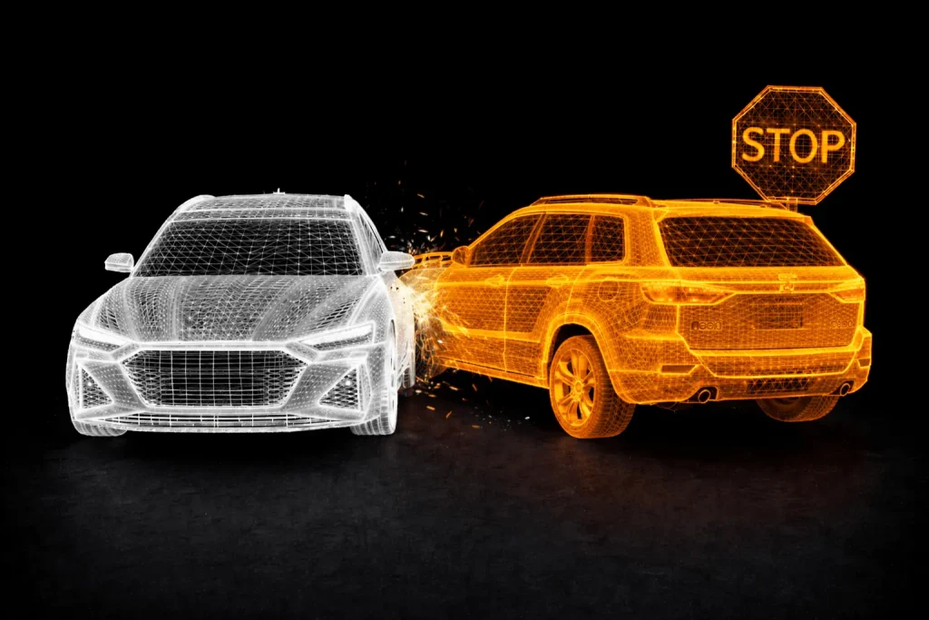 Eine digitale Illustration eines wei&szlig;en Drahtgitterautos, das in die Seite eines orangefarbenen Drahtgitter-Gel&auml;ndewagens in der N&auml;he eines Stoppschilds kracht, mit Aufpralleffekten in der Mitte.